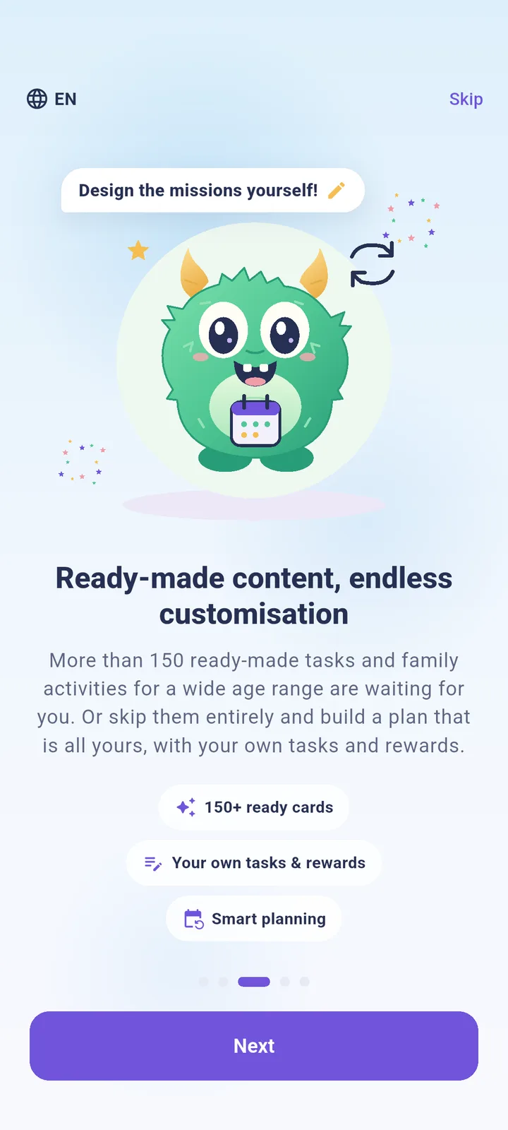 Ready-made content and customisation screen